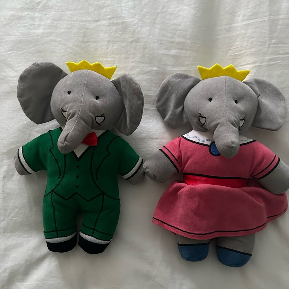Babar Gray Elephant Plush Toy Set with Green and Pink Outfits - Like new